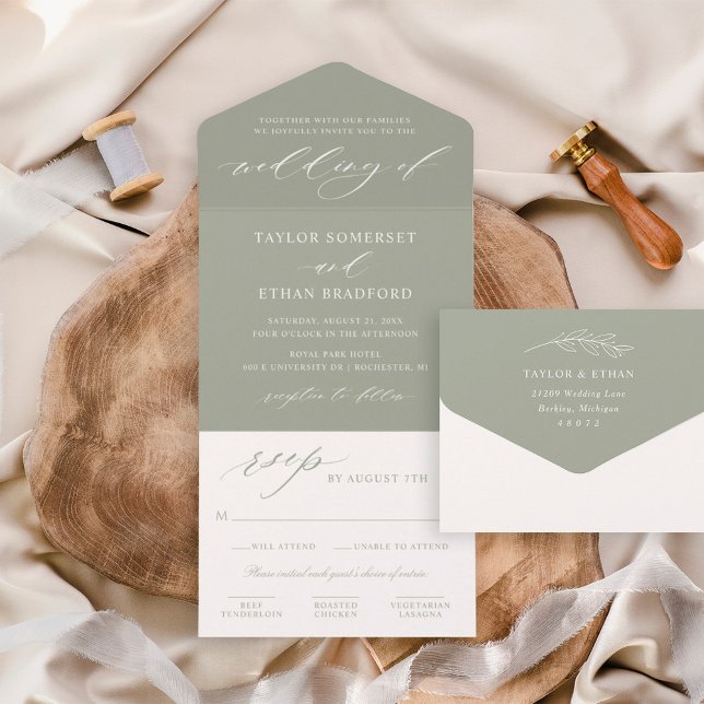 Elegant Sage Green Calligraphy Script Wedding All In One Invitation (Creator Uploaded)