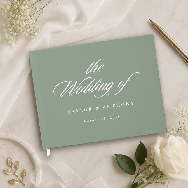 Elegant Sage Green Calligraphy Script Wedding Guest Book (Creator Uploaded)