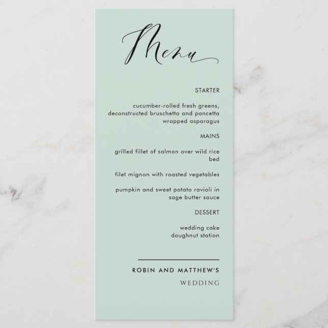 Elegant Sage Green Calligraphy Wedding / Reception Menu (Front)