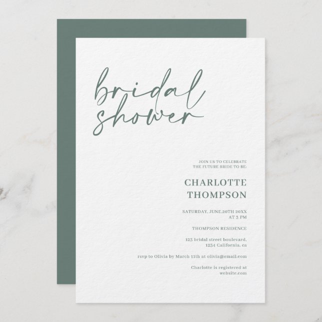 Elegant sage green casual script bridal shower invitation (Front/Back)