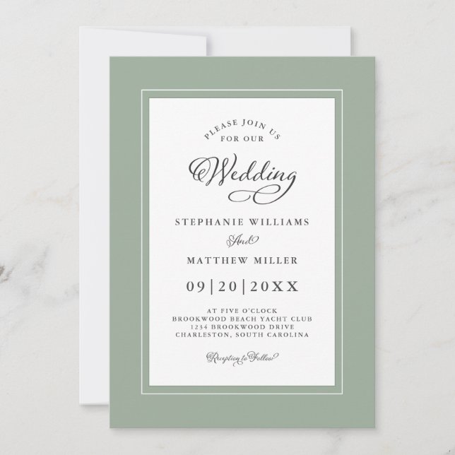 Elegant Sage Green Chic Modern Calligraphy Wedding Invitation (Front)