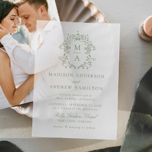 Elegant Sage Green Chinoiserie Victorian Wedding Vellum Invitations