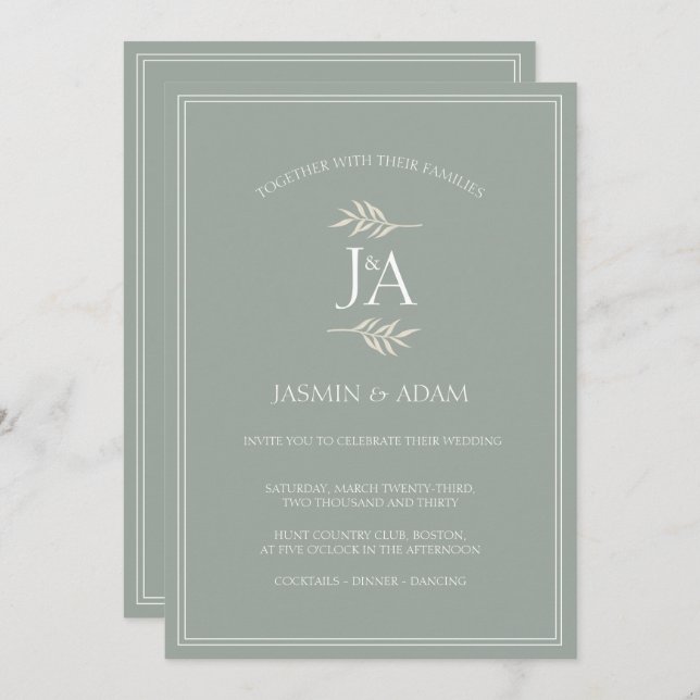 Elegant Sage Green Classic Initials Wedding  Invitation (Front/Back)