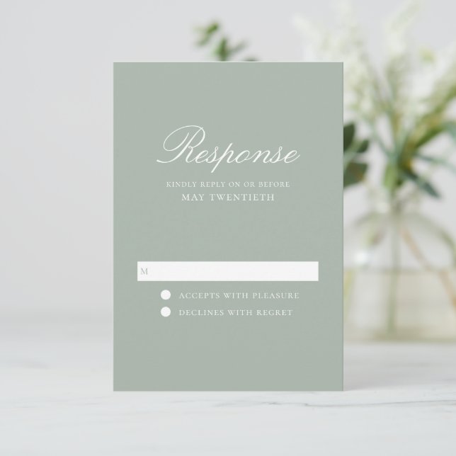Elegant Sage Green Classic Wedding RSVP Card (Standing Front)