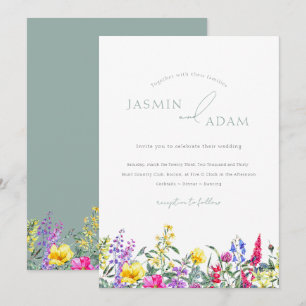 Elegant Sage Green & Colourful Wildflowers Wedding Invitation