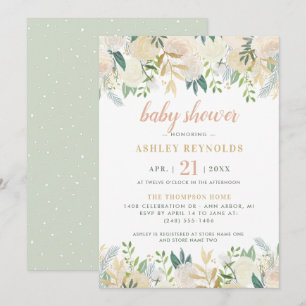 Elegant Sage Green Cream Floral Baby Shower Invitation