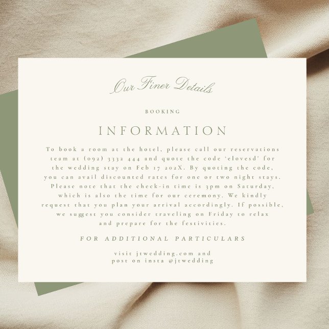 Elegant Sage Green Cream Script Wedding Details Enclosure Card (Creator Uploaded)
