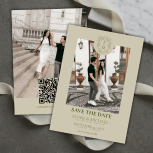 Elegant Sage Green Crest Monogram Save The Date  Invitation