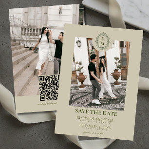 Elegant Sage Green Crest Monogram Save The Date Invitation