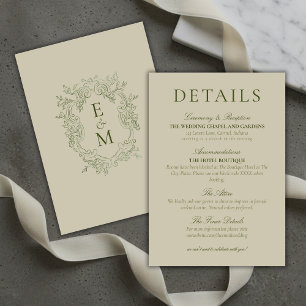 Elegant Sage Green Crest Monogram Wedding Details Enclosure Card