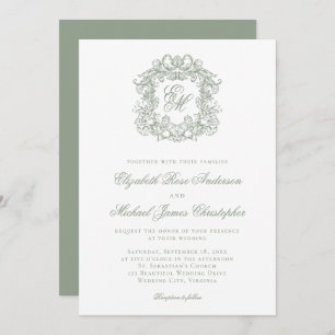 Elegant Sage Green Crest Monogram Wedding Invitation