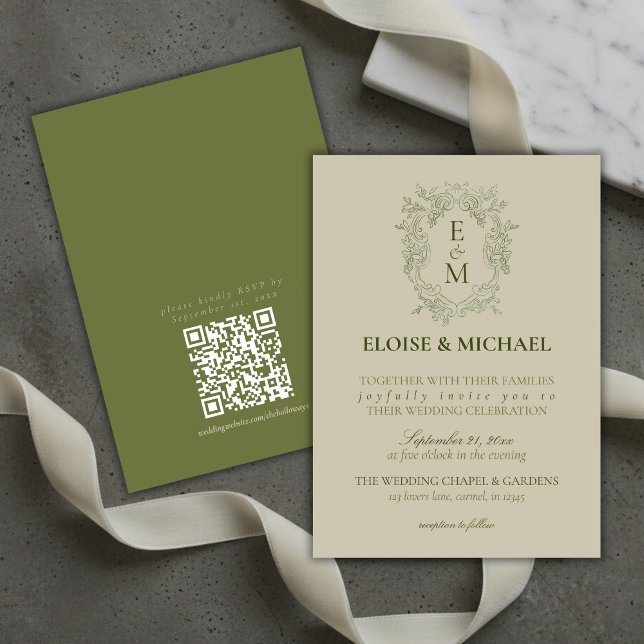 Elegant Sage Green Crest Monogram Wedding Invitation (Elegant Sage Green Crest Monogram Wedding Invitation)