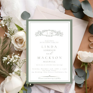 Elegant Sage Green Crest Monogram Wedding Invitation