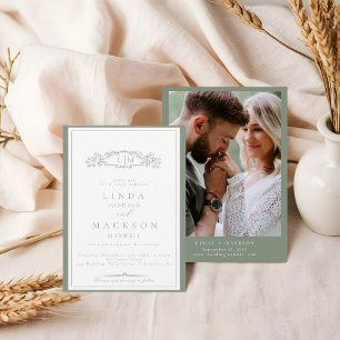 Elegant Sage Green Crest Monogram Wedding Invitation