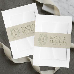 Elegant Sage Green Crest Monogram Wedding Invitation Belly Band