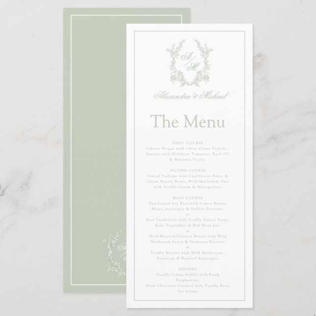 Elegant Sage Green Crest Monogram Wedding Menu (Front/Back)