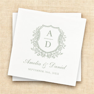Elegant Sage Green Crest Monogram Wedding  Napkin
