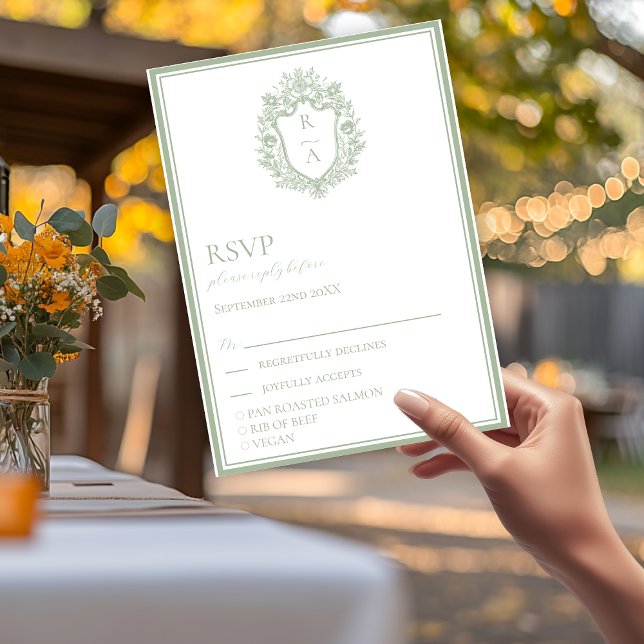 Elegant Sage Green Crest Wedding Food Choice  RSVP Card (Creator Uploaded)