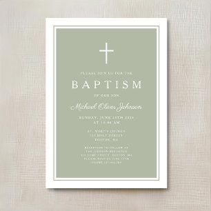 Elegant Sage Green Cross Baby Boy Baptism Invitation