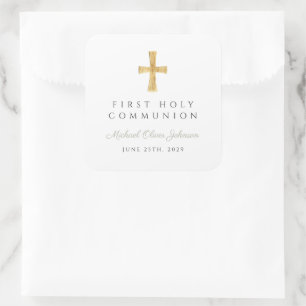 Elegant Sage Green Cross Boy First Communion  Square Sticker