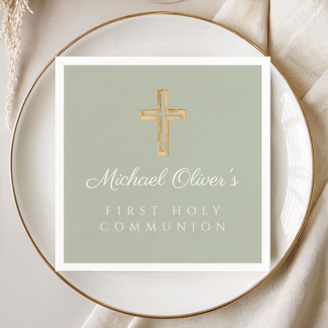 Elegant Sage Green Cross First Communion Napkin (Elegant Sage Green Cross First Communion Napkins)