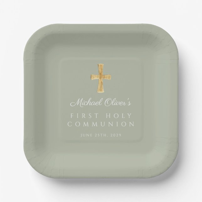 Elegant Sage Green Cross First Communion Paper Plate (Front)