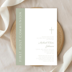Elegant Sage Green Cross First Holy Communion Invitation
