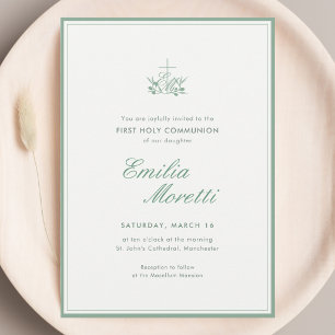 Elegant Sage Green Cross First Holy Communion Invitation