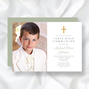 Elegant Sage Green Cross Photo Boy First Communion Invitation
