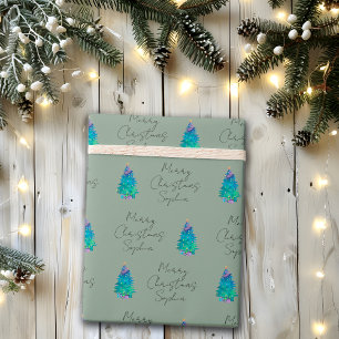 Elegant Sage Green Custom Merry Christmas Tree Wra Wrapping Paper