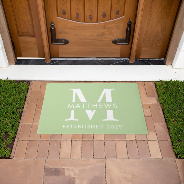 Elegant Sage Green Custom Monogram Name Doormat (Outdoor)