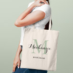 Elegant Sage Green Custom Wedding Bridesmaid Name Tote Bag<br><div class="desc">Elegant custom wedding tote bag features a personalised monogram typography design with modern calligraphy script name and serif monogram initial in laurel sage green and black colours. Includes custom text for a bridal party title like "BRIDESMAID" or other preferred wording.</div>