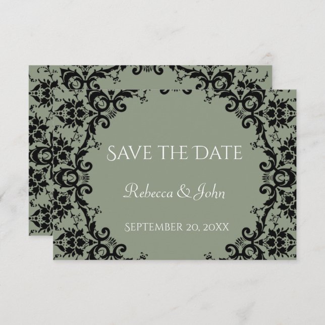 Elegant Sage Green Damask Floral Wedding Save The Date (Front/Back)