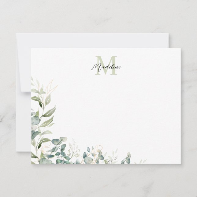 Elegant Sage Green Eucalyptus Botanical Monogram Card (Front)