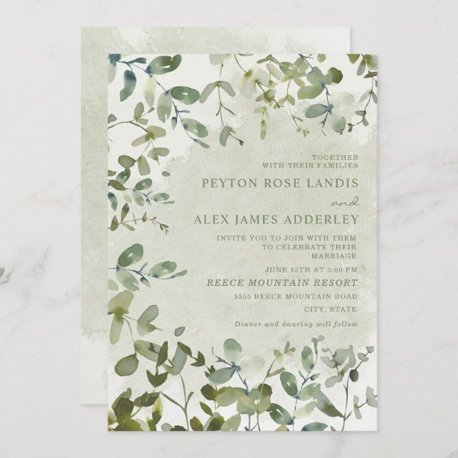 Elegant Sage Green Eucalyptus Botanical Wedding Invitation (Front/Back)