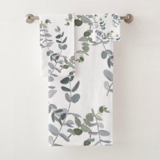 Elegant Sage Green Eucalyptus Leaves Pattern Bath Towel Set