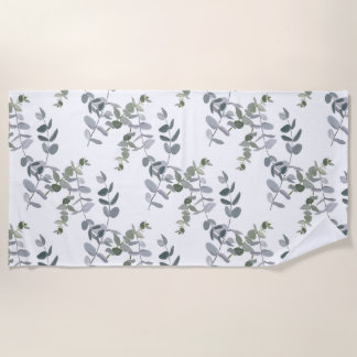 Elegant Sage Green Eucalyptus Leaves Pattern Beach Towel