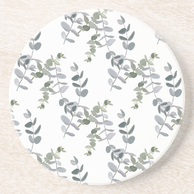 Elegant Sage Green Eucalyptus Leaves Pattern Coaster (Front)