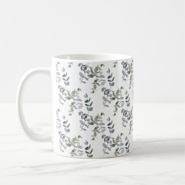 Elegant Sage Green Eucalyptus Leaves Pattern Coffee Mug (Left)