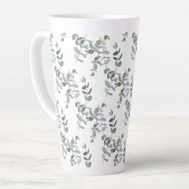 Elegant Sage Green Eucalyptus Leaves Pattern Latte Mug (Left Angle)