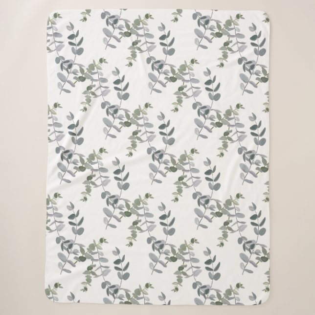 Elegant Sage Green Eucalyptus Leaves Pattern Sherpa Blanket (Front)