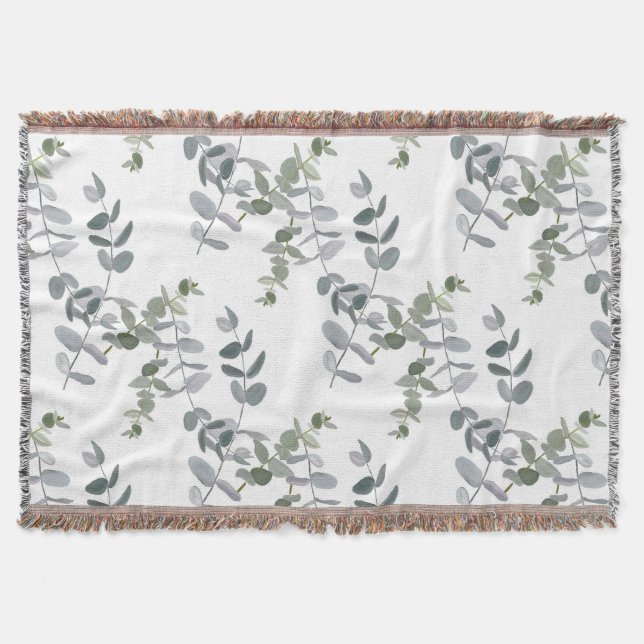 Elegant Sage Green Eucalyptus Leaves Pattern Throw Blanket (Front)
