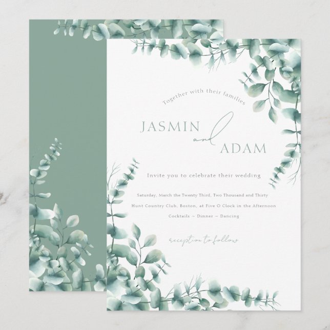 Elegant Sage Green Eucalyptus Monogram Wedding Invitation (Front/Back)