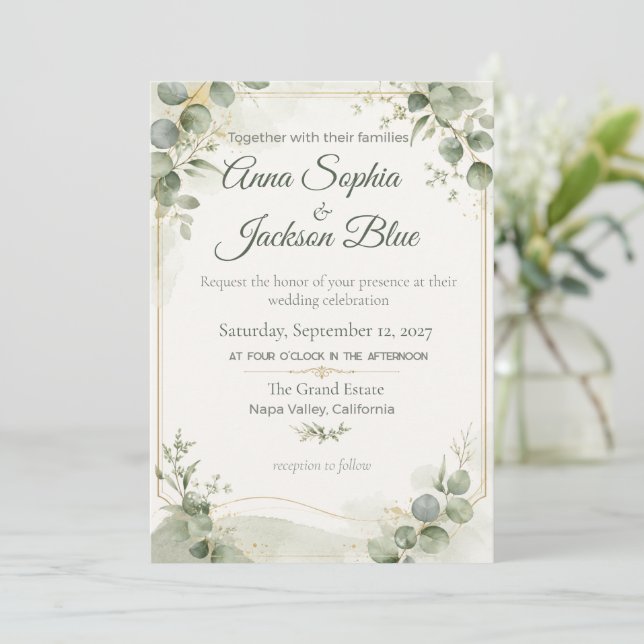 Elegant Sage Green Eucalyptus Wedding Invitation | (Standing Front)