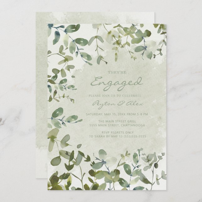 Elegant Sage Green Eucalyptus White Engagement Invitation (Front/Back)