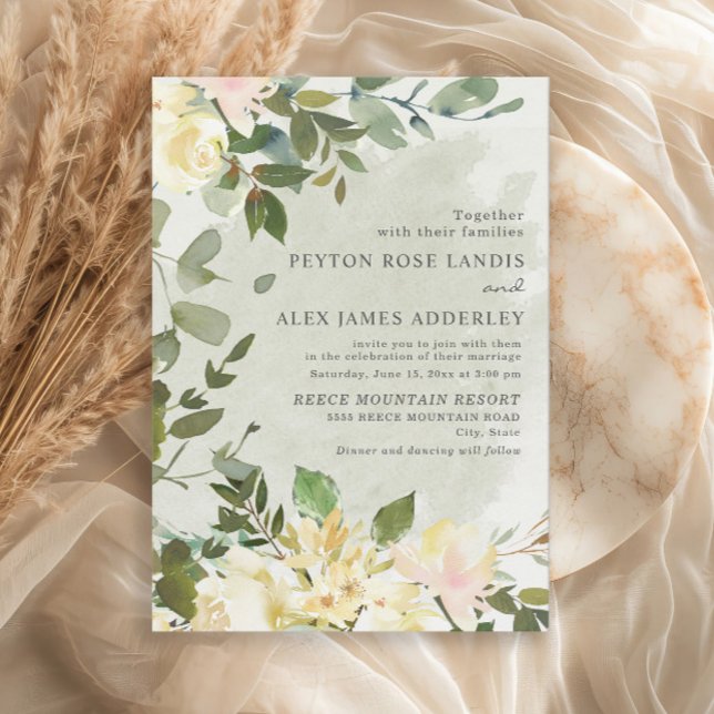 Elegant Sage Green Eucalyptus White Floral Wedding Invitation (Sage green eucalyptus leaves wedding invitations)