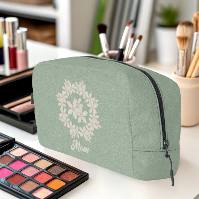 Elegant Sage Green Faux Leather Look Floral Wreath Dopp Kit (A pretty sage green toiletry bag with space for your name)