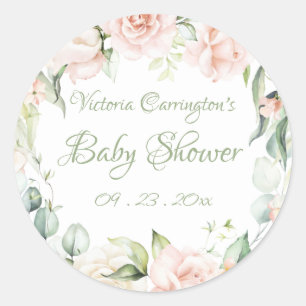 Elegant Sage Green Floral Baby Shower  Classic Round Sticker