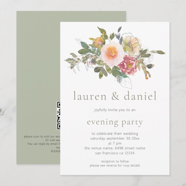 Elegant Sage Green Floral Bouquet Evening QR Code  Invitation (Front/Back)