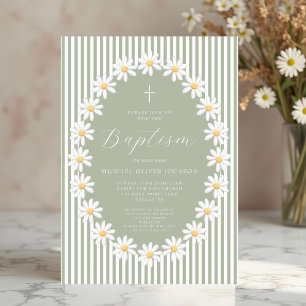 Elegant Sage Green Floral Boy Baptism Invitation